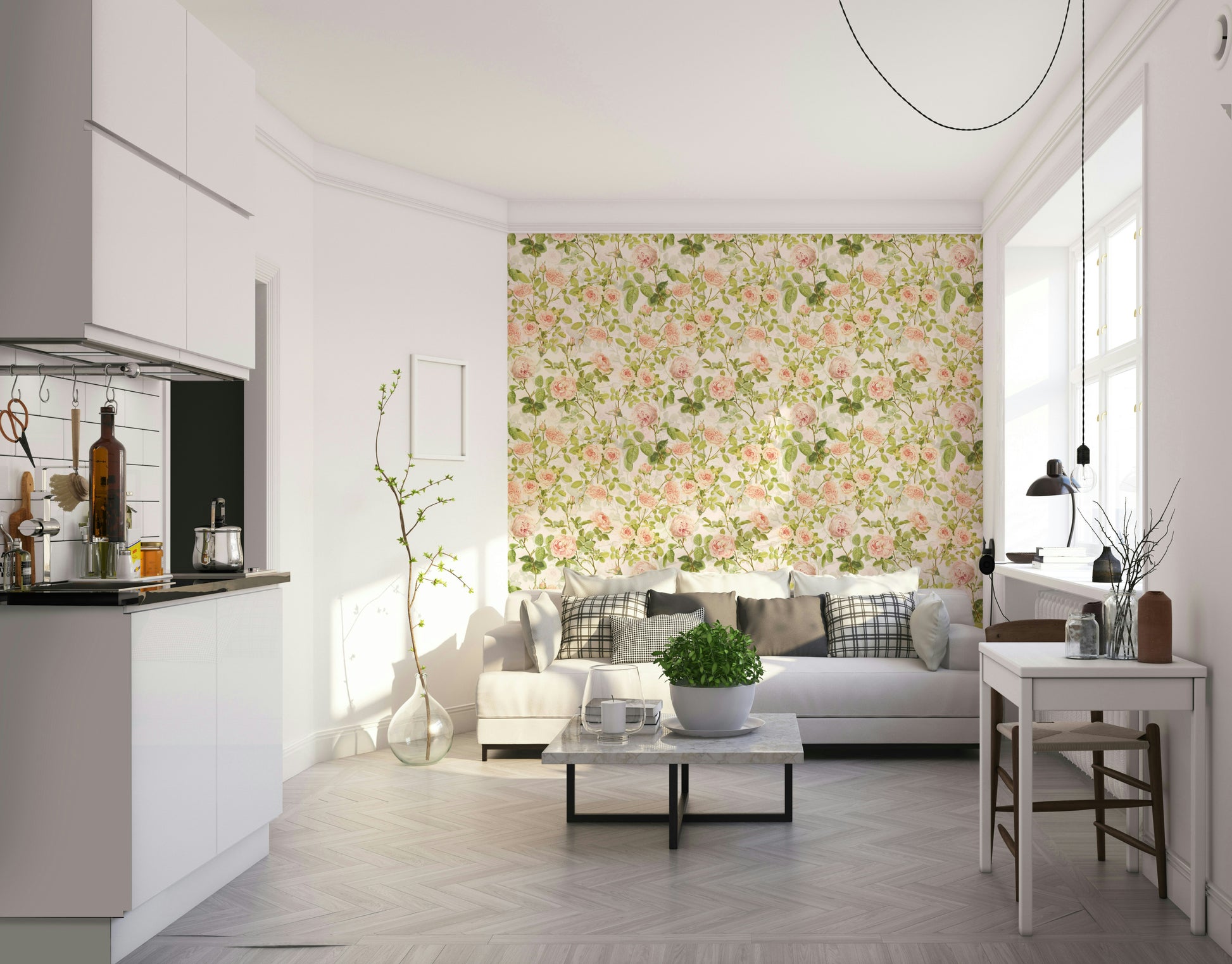 Close-up view of romantic English roses and delicate greenery in the mural.

