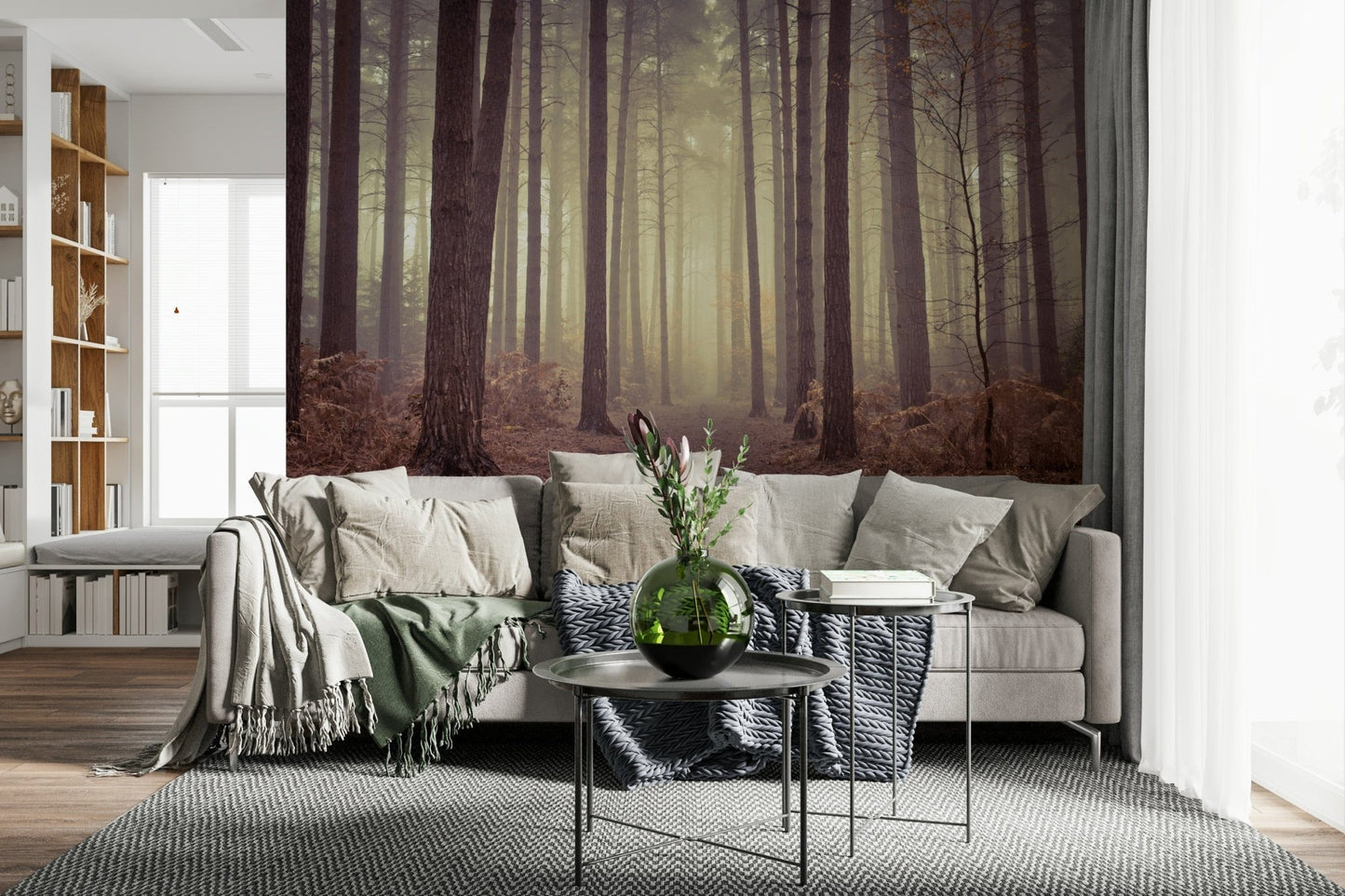 Forest mural for nursery, soft woodland scene, gentle greens for wall decor