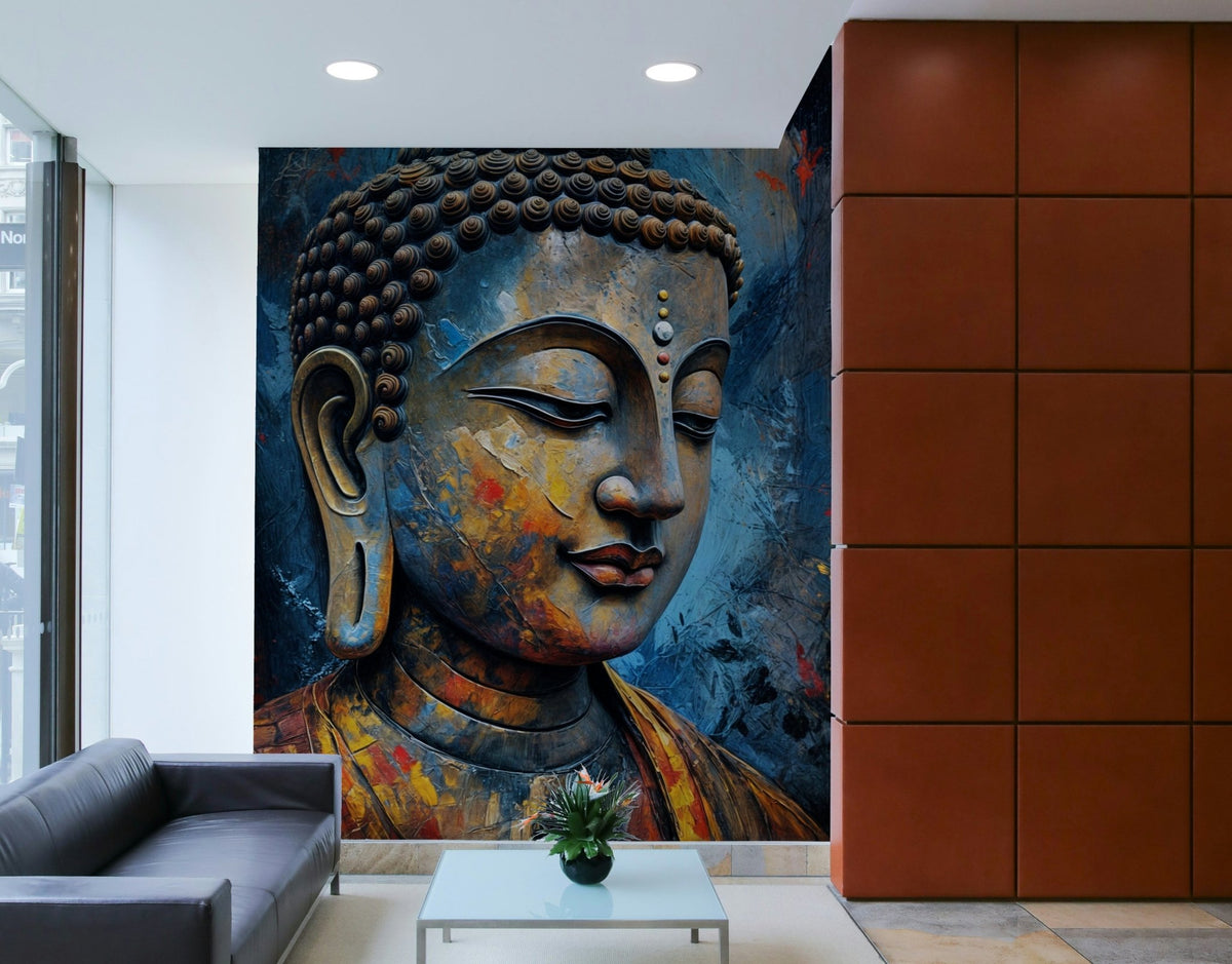 Enlightenment wallpaper mural of a gold and blue painted Buddha head behind a black leather sofa in a tiled lobby