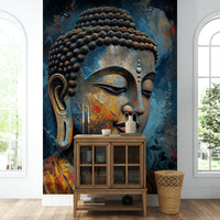Enlightenment wallpaper mural of a Buddha face above a wood glass-front cabinet between two arched windows in an entryway