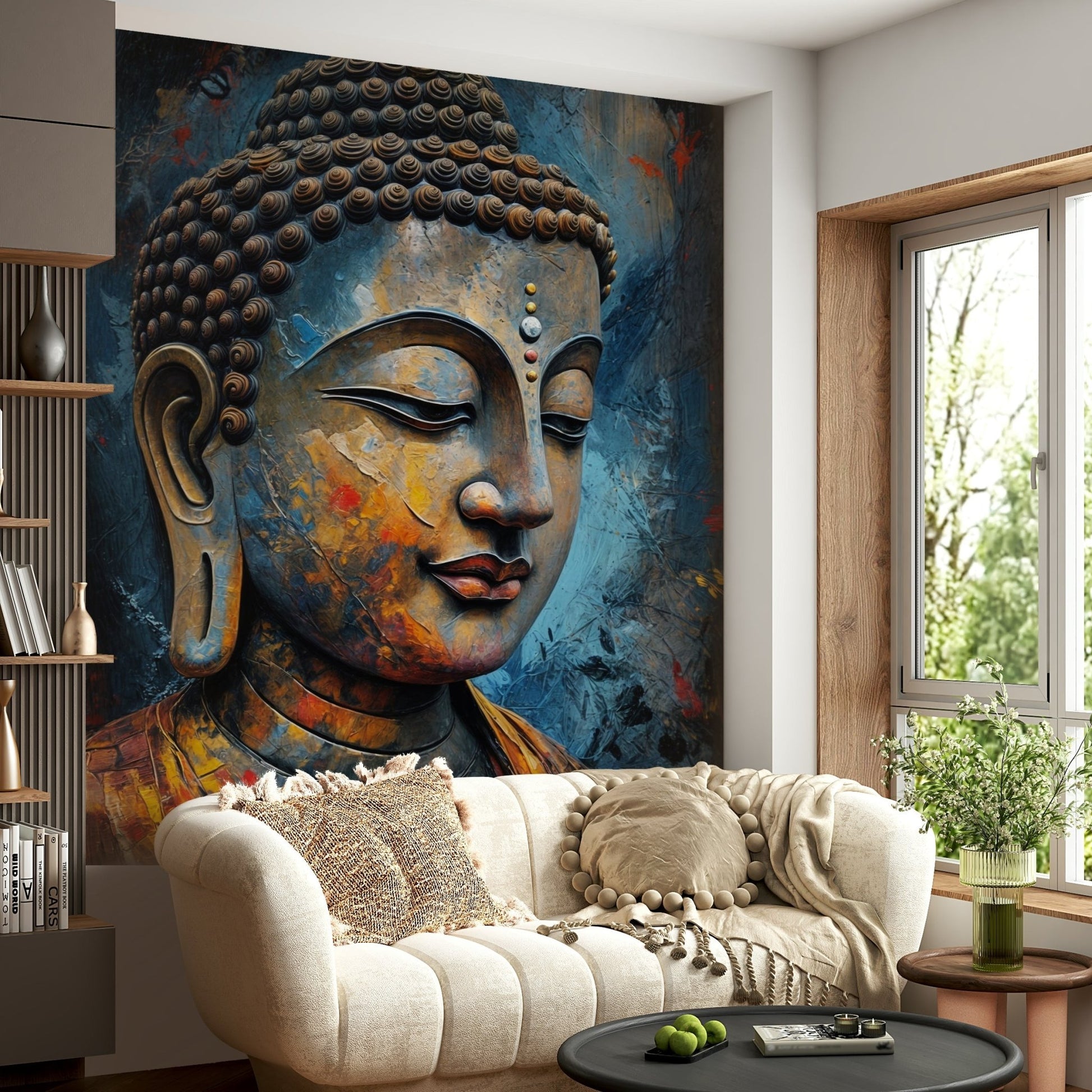 Enlightenment wallpaper mural of a gold and blue Buddha head behind a cream curved sofa with knit pillows in a living room