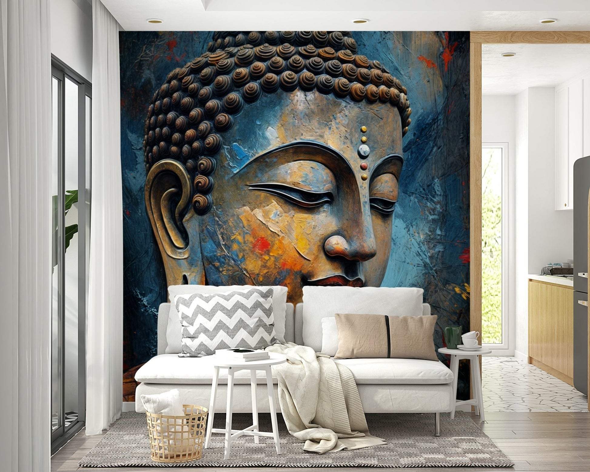 Enlightenment wallpaper mural of a gold and blue Buddha head behind a white sofa with a chevron pillow in a living room
