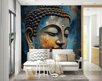 Enlightenment wallpaper mural of a gold and blue Buddha head behind a white sofa with a chevron pillow in a living room