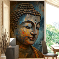 Enlightenment wallpaper mural of a painted Buddha face behind a gray cabinet and desk in a home office