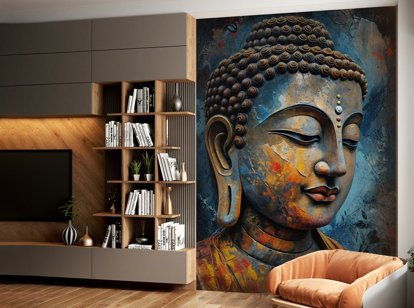 Enlightenment wallpaper mural of a gold and blue Buddha head beside a wood media wall and orange armchair in a living room