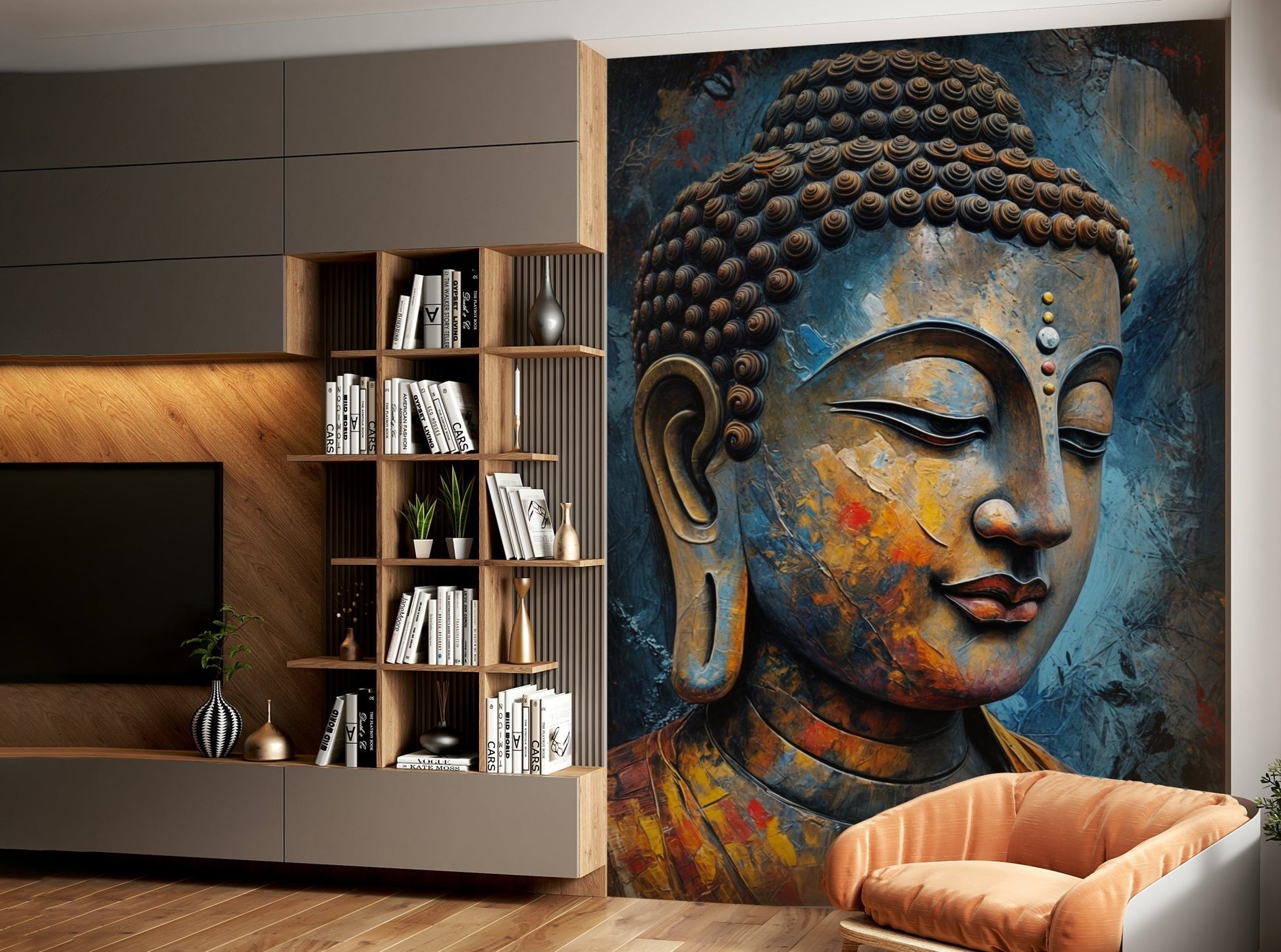 Enlightenment wallpaper mural of a gold and blue Buddha head beside a wood media wall and orange armchair in a living room