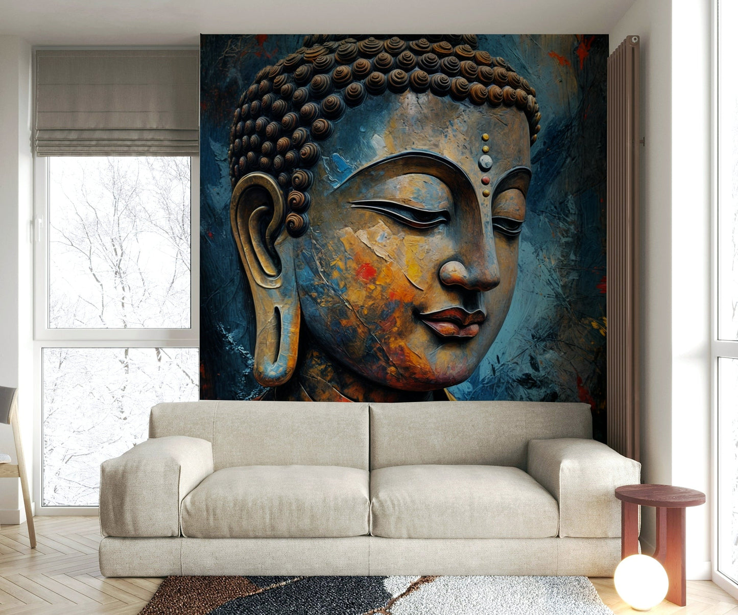 Enlightenment wallpaper mural of a textured Buddha face behind a beige sofa and globe floor lamp in a living room