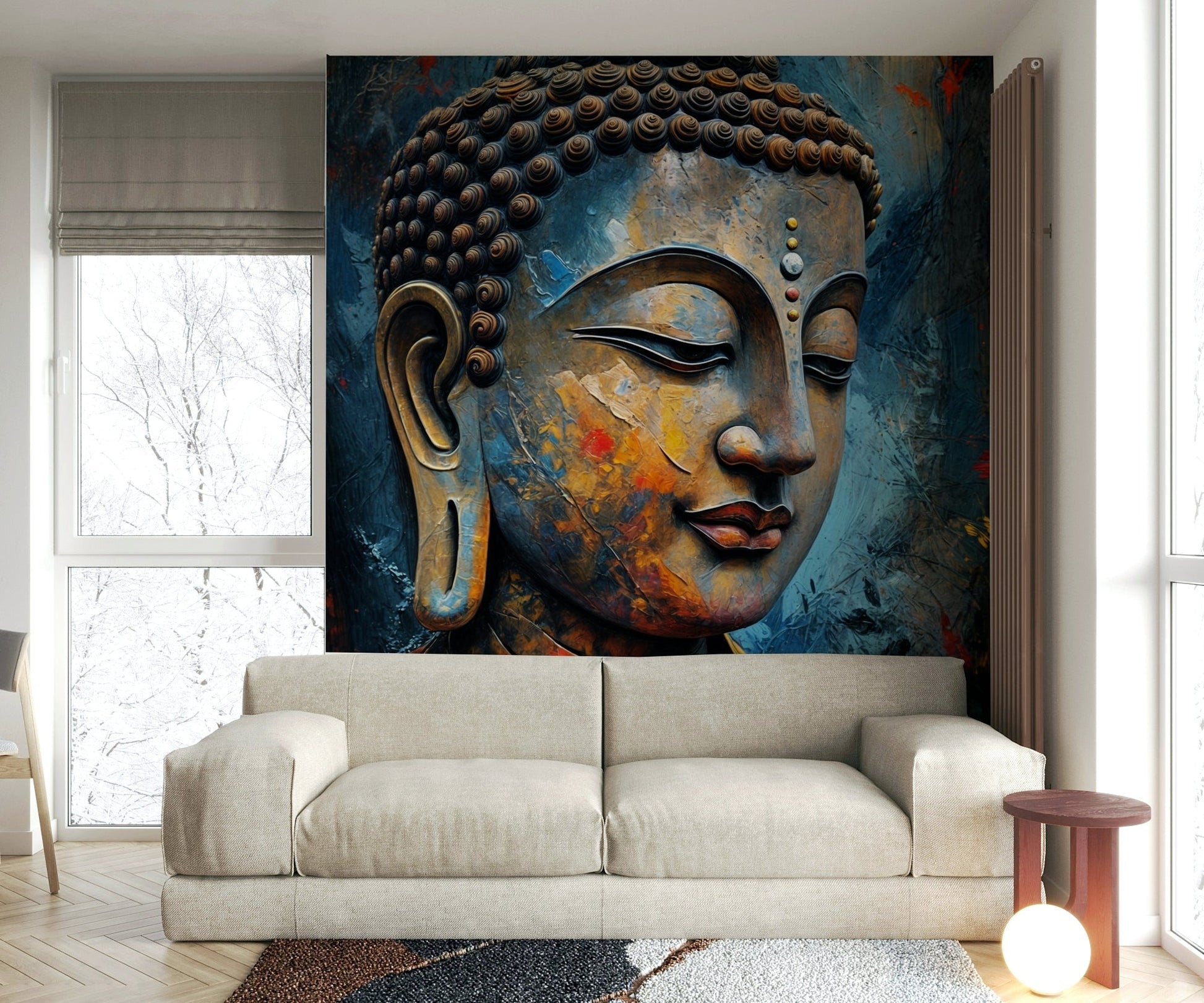 Enlightenment wallpaper mural of a textured Buddha face behind a beige sofa and globe floor lamp in a living room