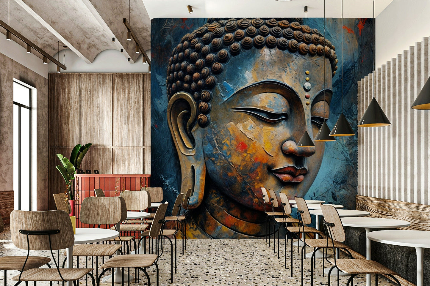 Enlightenment wallpaper mural of a textured Buddha face above wood chairs and tables in a cafe dining space