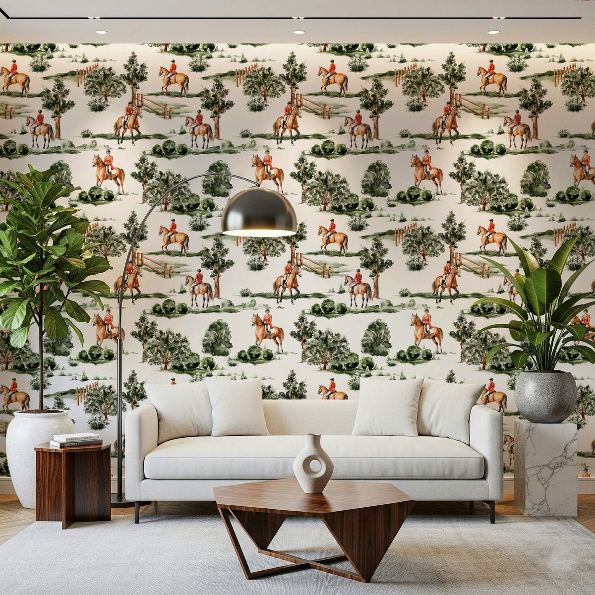 Equestrian Dreamscape wallpaper for walls, riders, trees watercolor mural art.