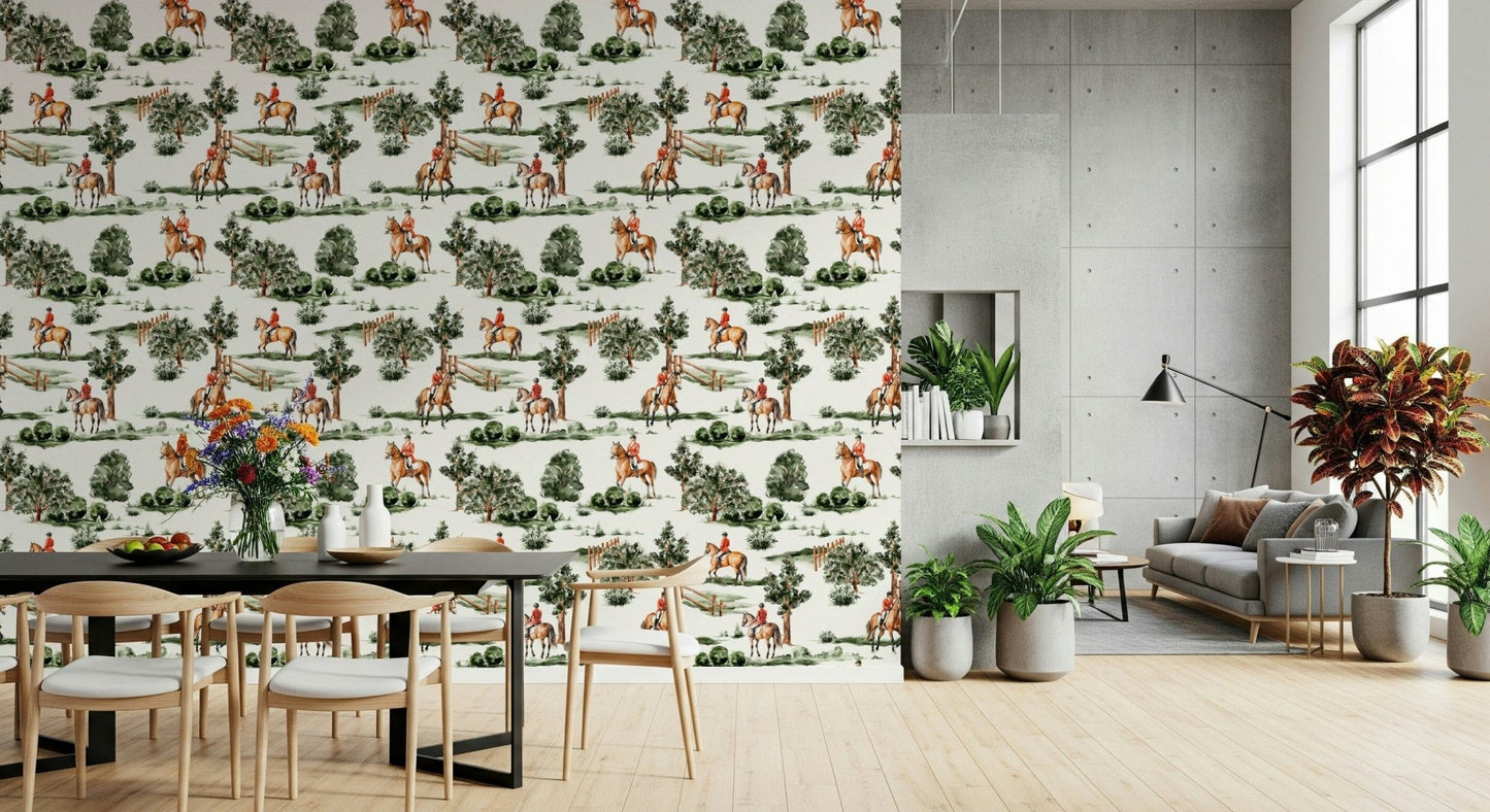 Elegant equestrian life wallpaper, painted horses, grassy fields scenic print.