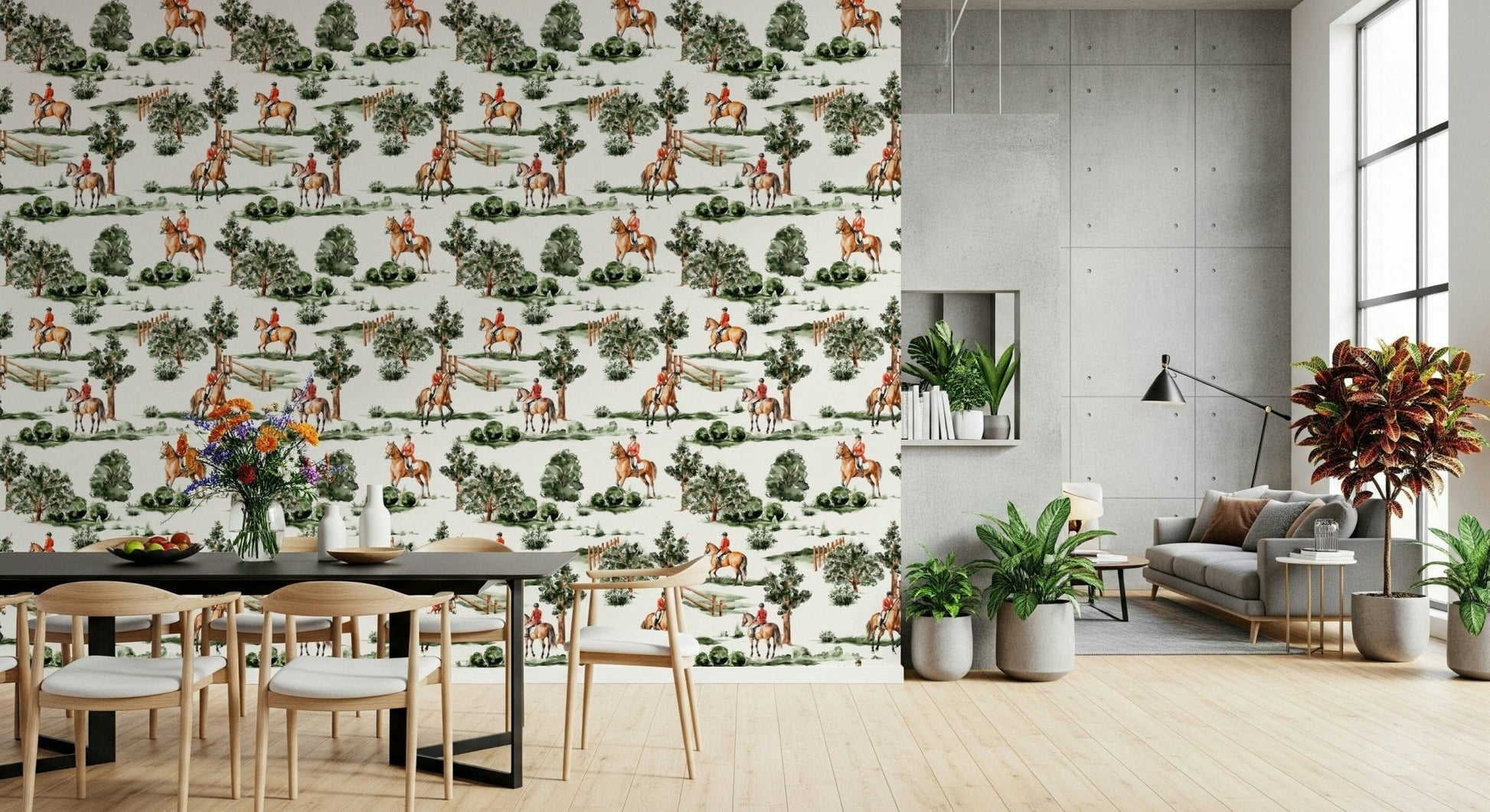 Elegant equestrian life wallpaper, painted horses, grassy fields scenic print.