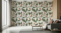 Watercolor trees and riders, unique wallpaper, Equestrian Dreamscape repetitive pattern.