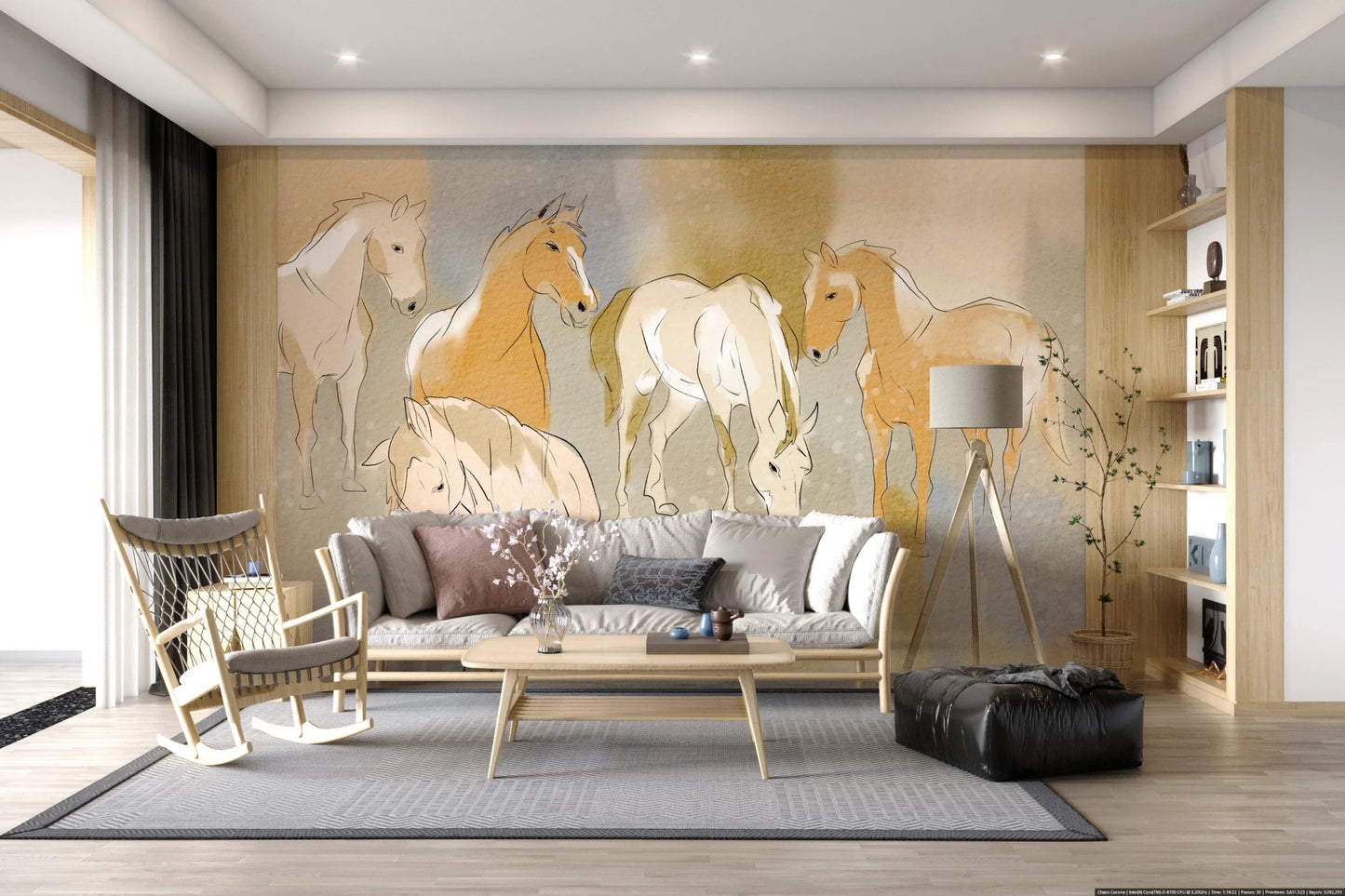 Equestrian Echoes Wall Mural with stylized grazing horse figures