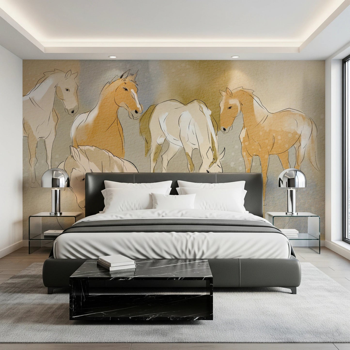 Equestrian Echoes Wall Mural with horses and watercolor background