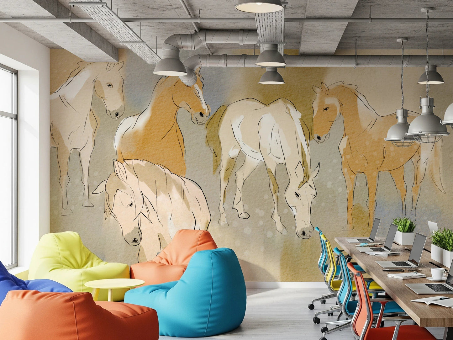 Minimalist line art horses on an Equestrian Echoes Wall Mural for office.