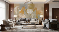 Equestrian Echoes Wall Mural with blue and gold abstract tones