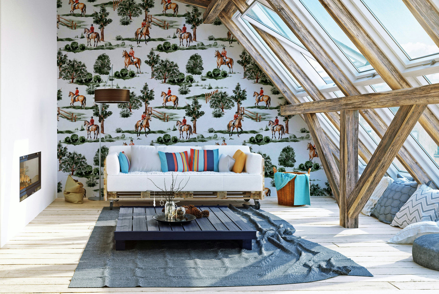 A print of a group of riders and dogs on a hunt.

