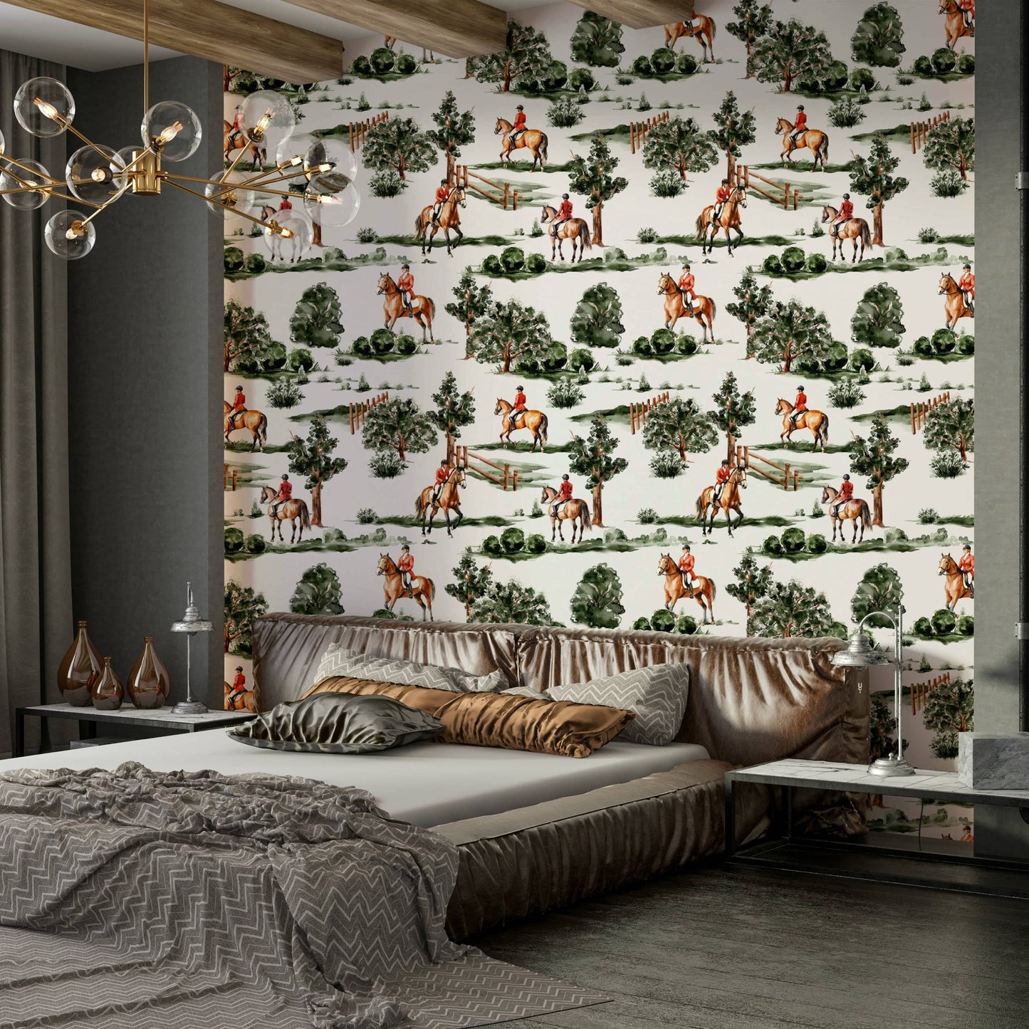 The wallpaper has a rich, painted texture.

