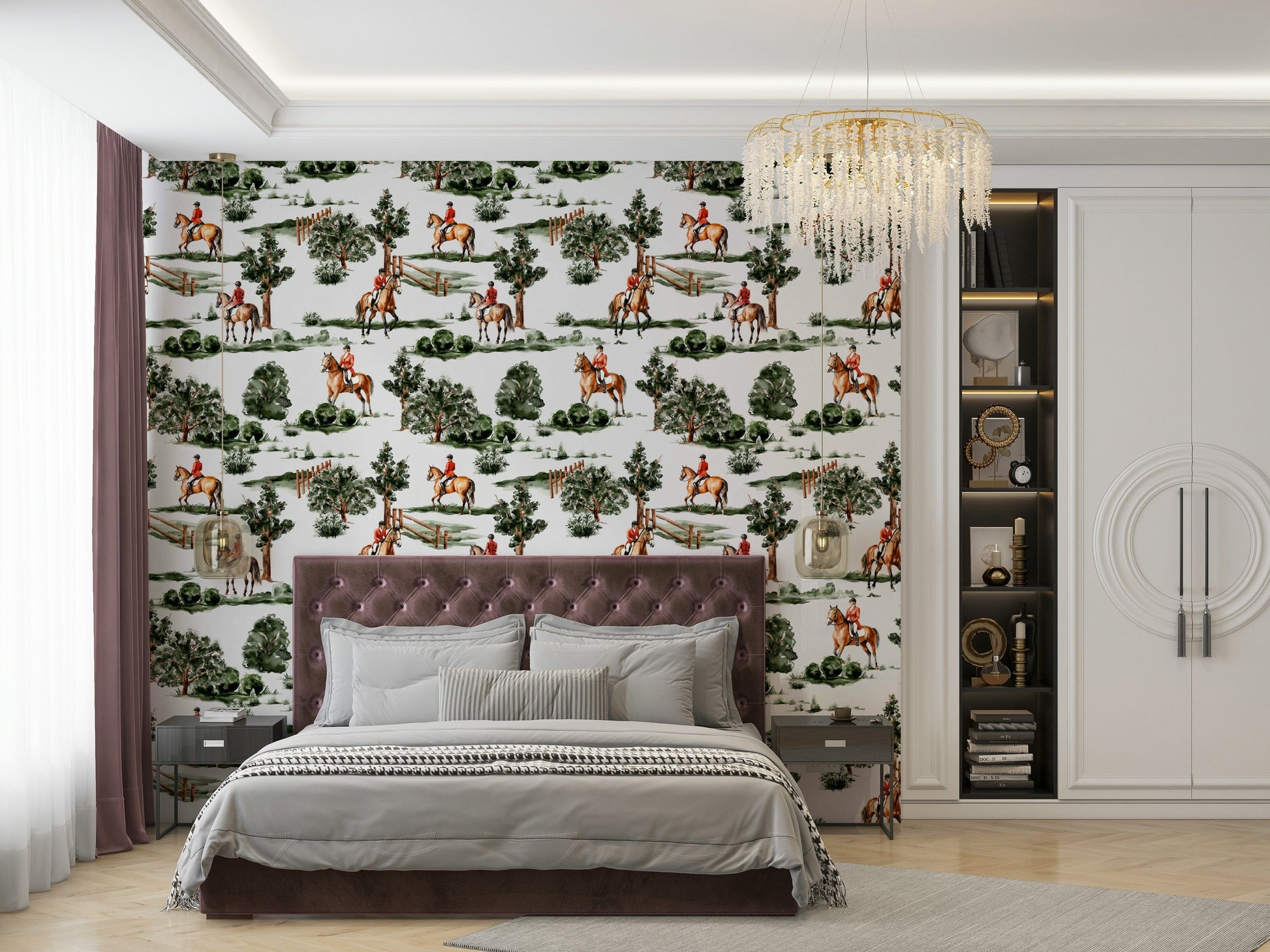 Riders on horseback in red hunting coats.

