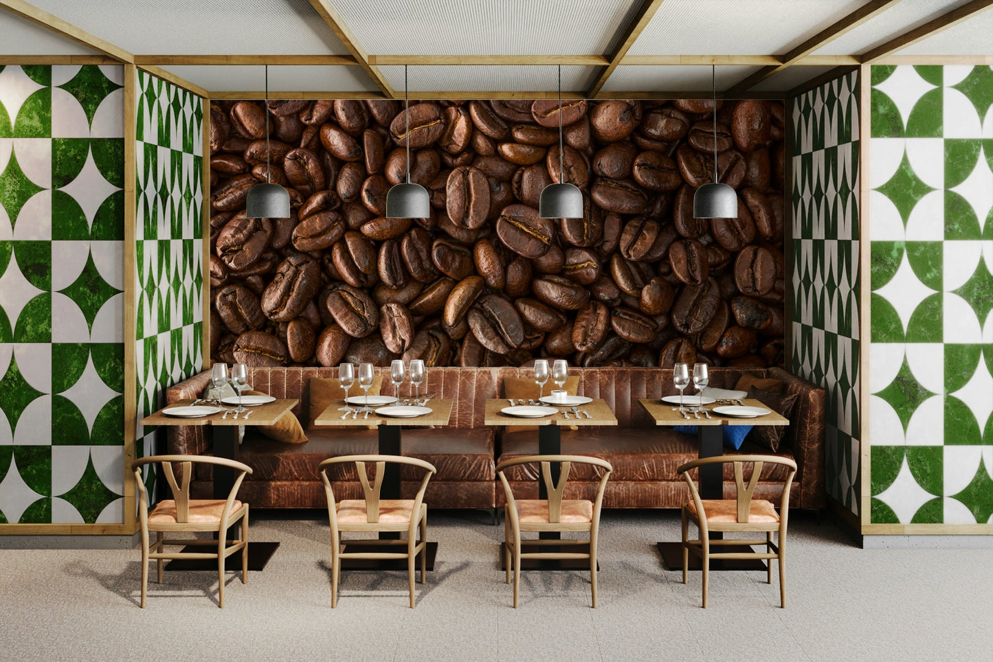 Beautiful coffee scene mural with rich espresso tones for a warm space.

