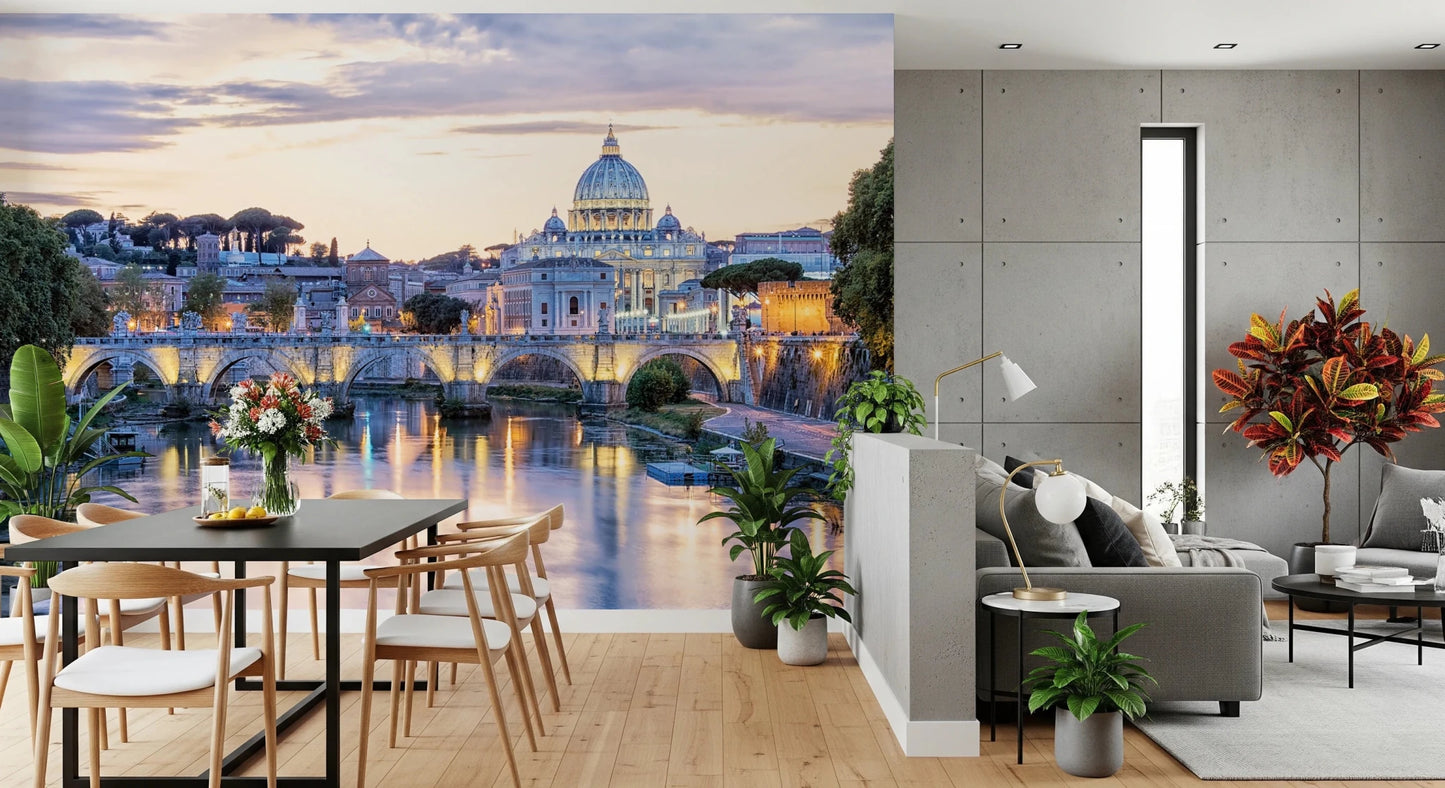 Eternal City Lights wallpaper mural of the Rome skyline beside a black dining table and grey sofa by a concrete wall