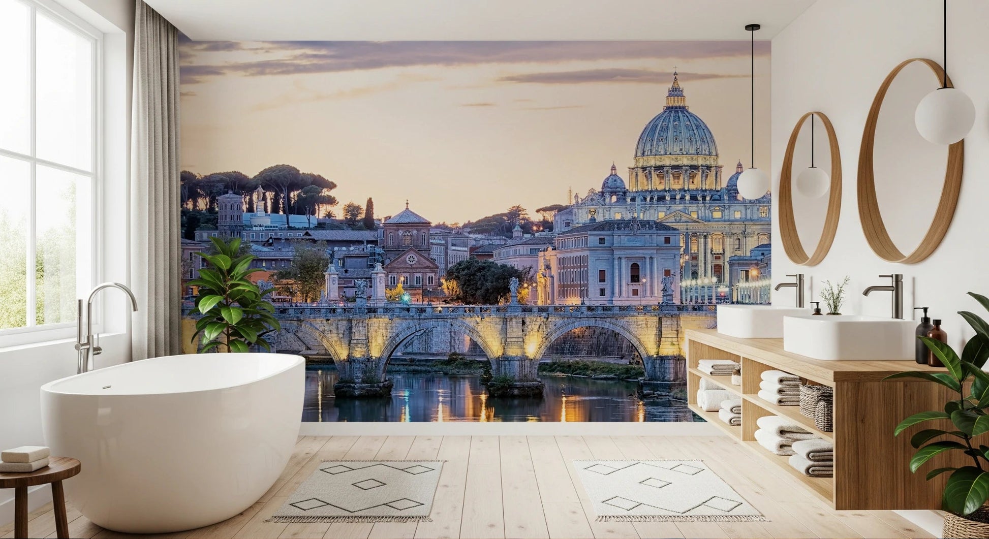 Eternal City Lights wallpaper mural of St Peter's dome and bridge beside a freestanding tub and wood vanity in a bathroom