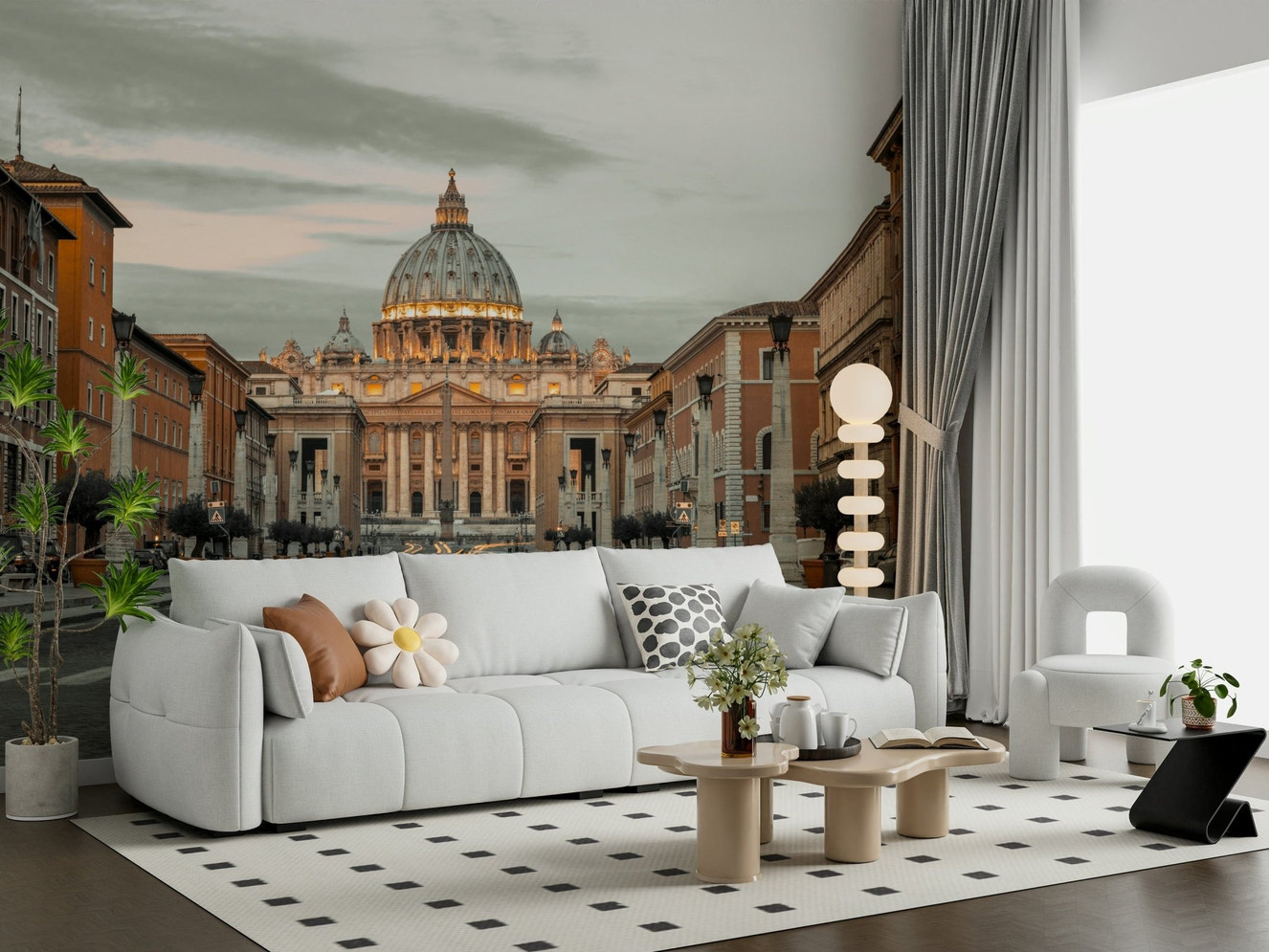 Eternal City Vista majestic basilica dome evening wallpaper mural street.