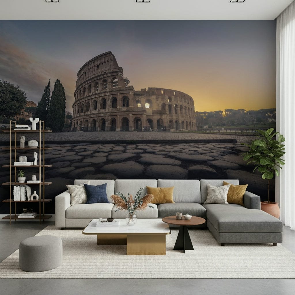 Roman Colosseum wallpaper in bedroom, neutral bedding, sepia stone palette, feature wall