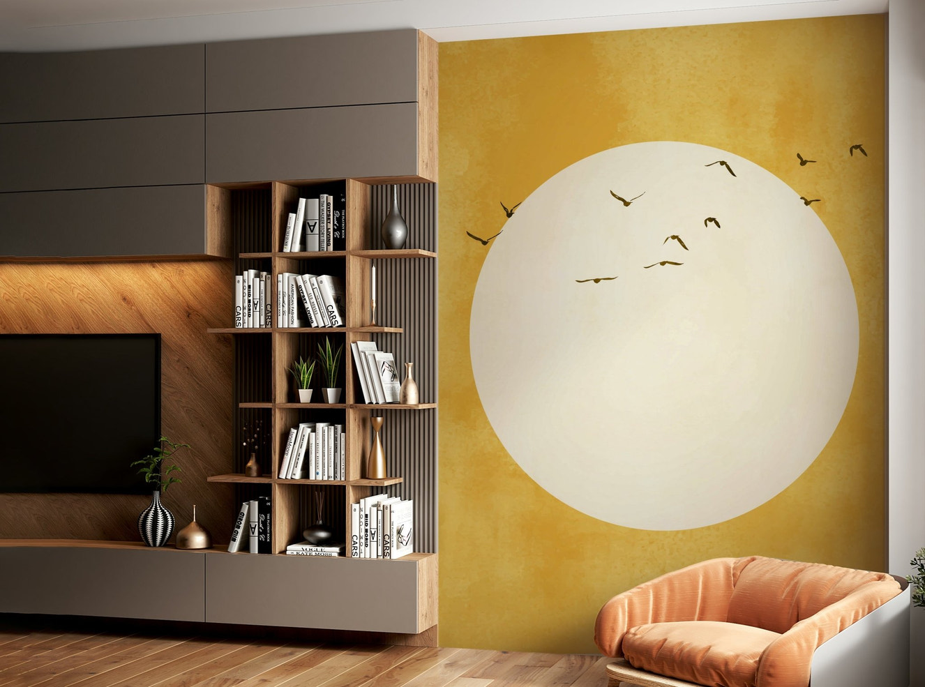 Modern apartment wall decor with a golden sunrise theme.