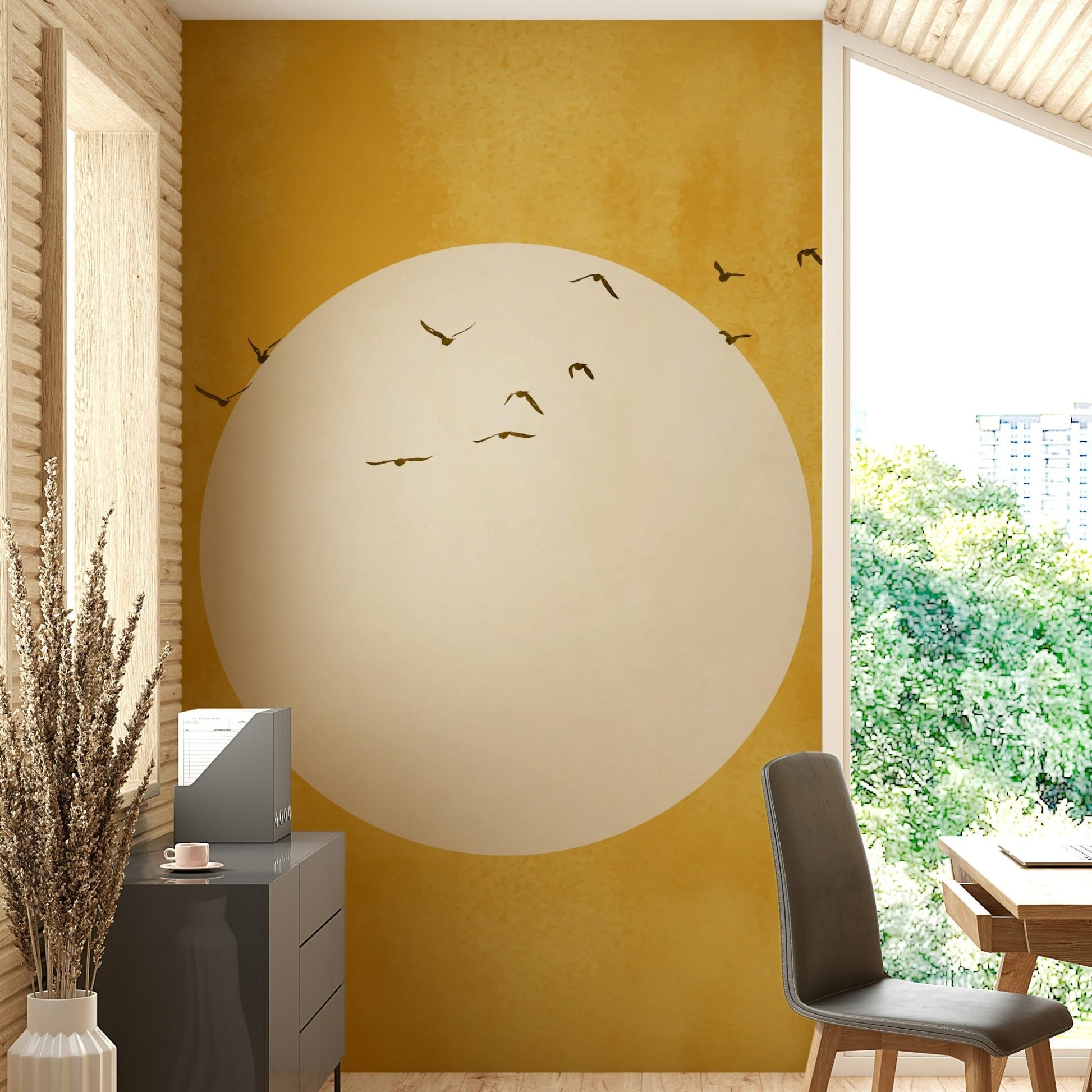 Eternal Sunshine Wall Mural behind a minimalist grey sofa.