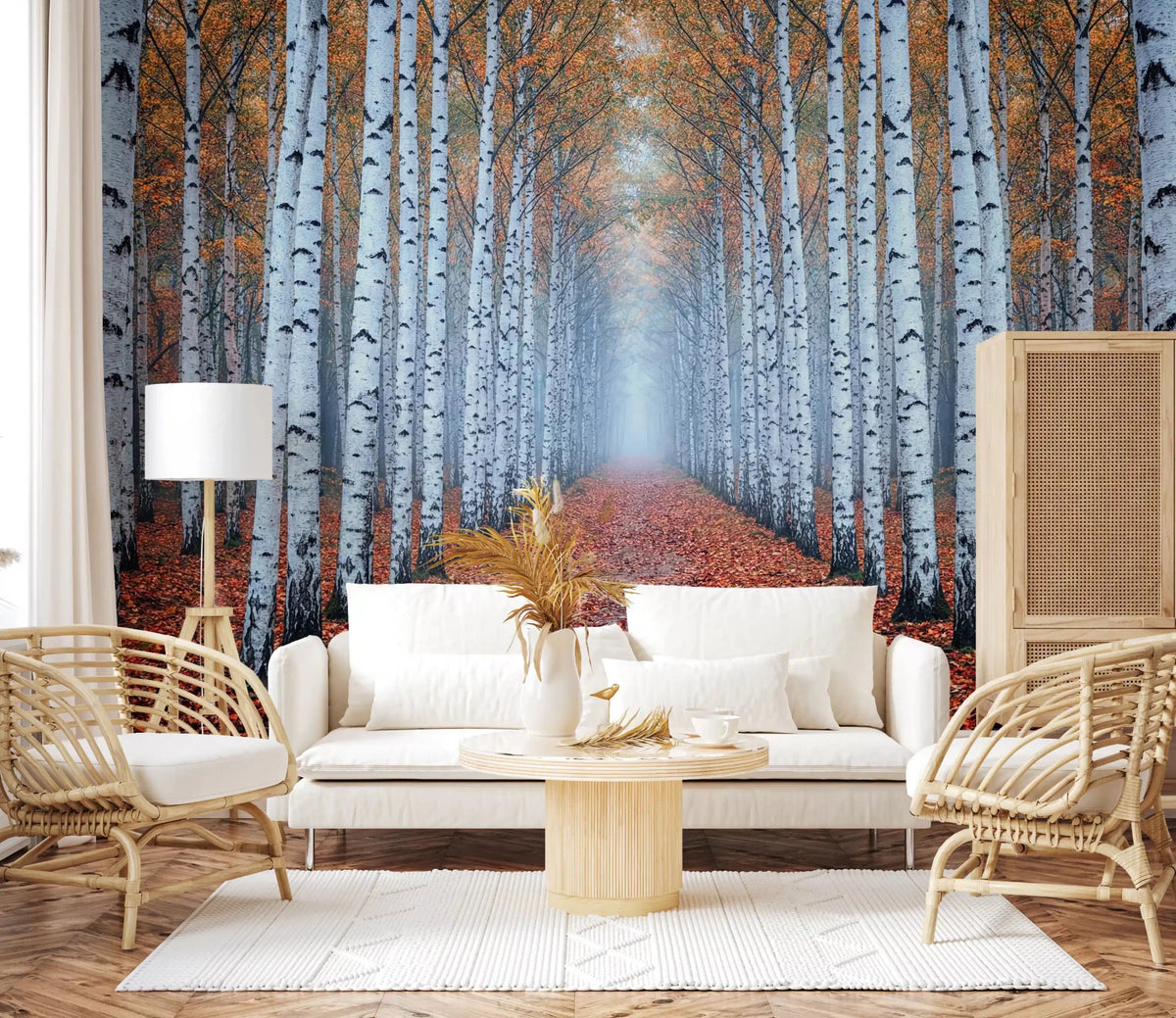 Living room birch forest mural with autumn leaves path