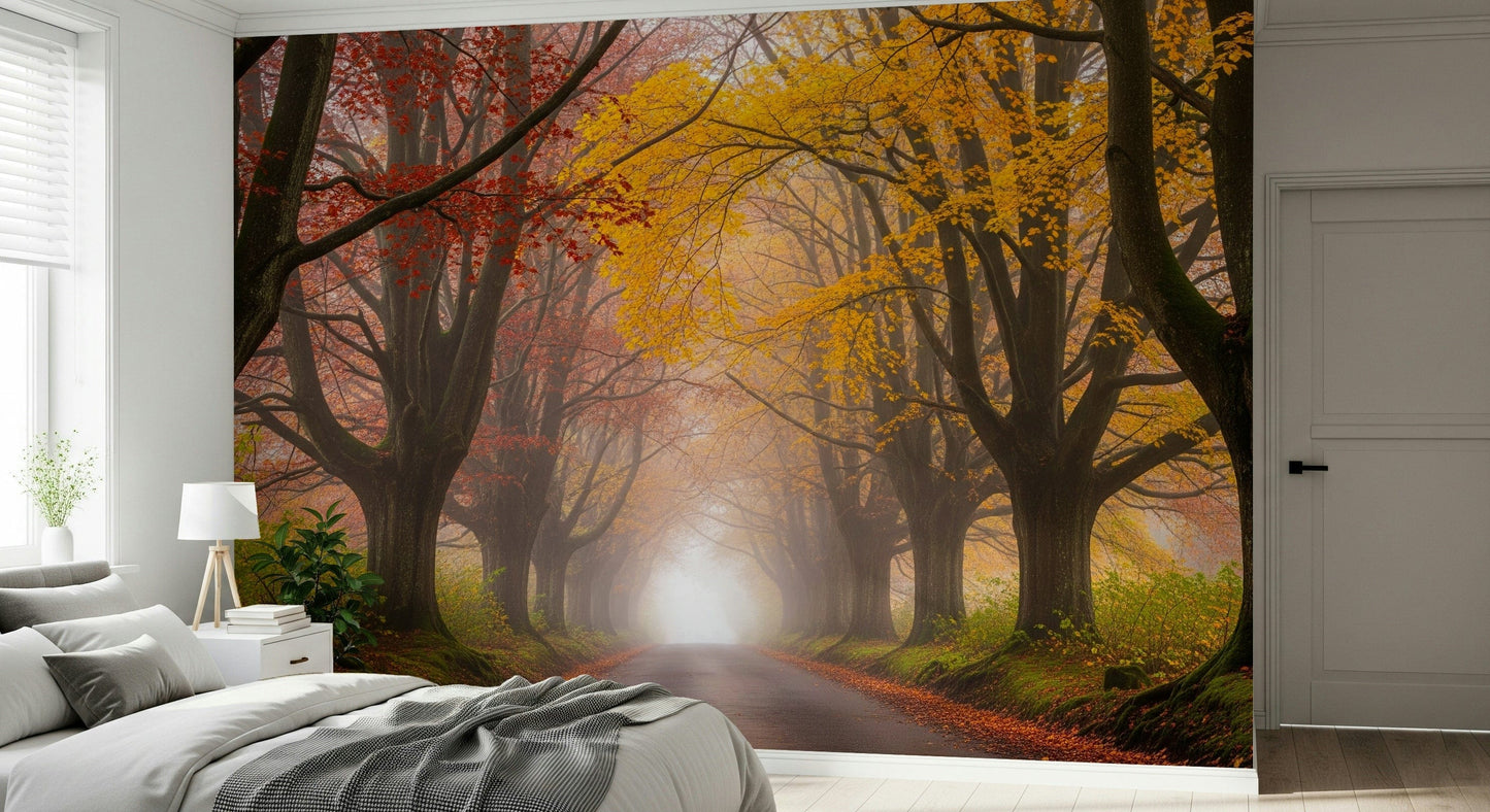 Ethereal Fall Road Wall Mural in guest room, quiet autumn path, soft color backdrop