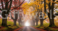 Fall road mural in hallway, long wall landscape, warm colors with misty depth