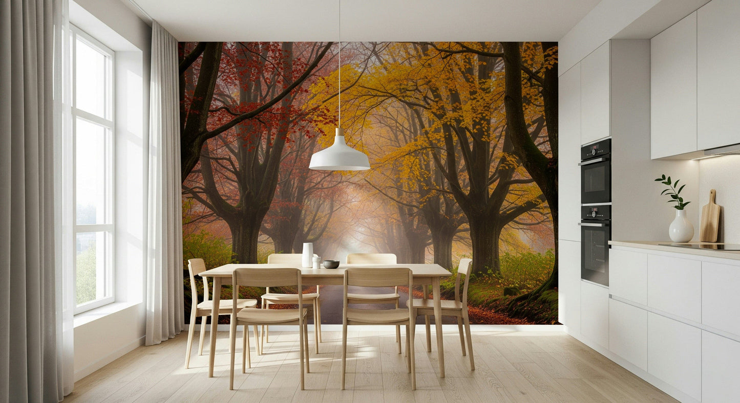 Ethereal autumn road wall decor in sitting room, gentle light, warm tones, modern style