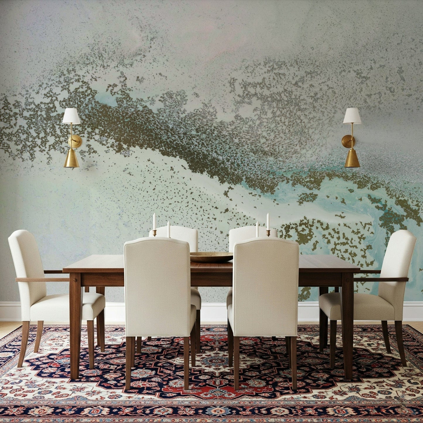 A peaceful modern abstract mural on decorative wallpaper.