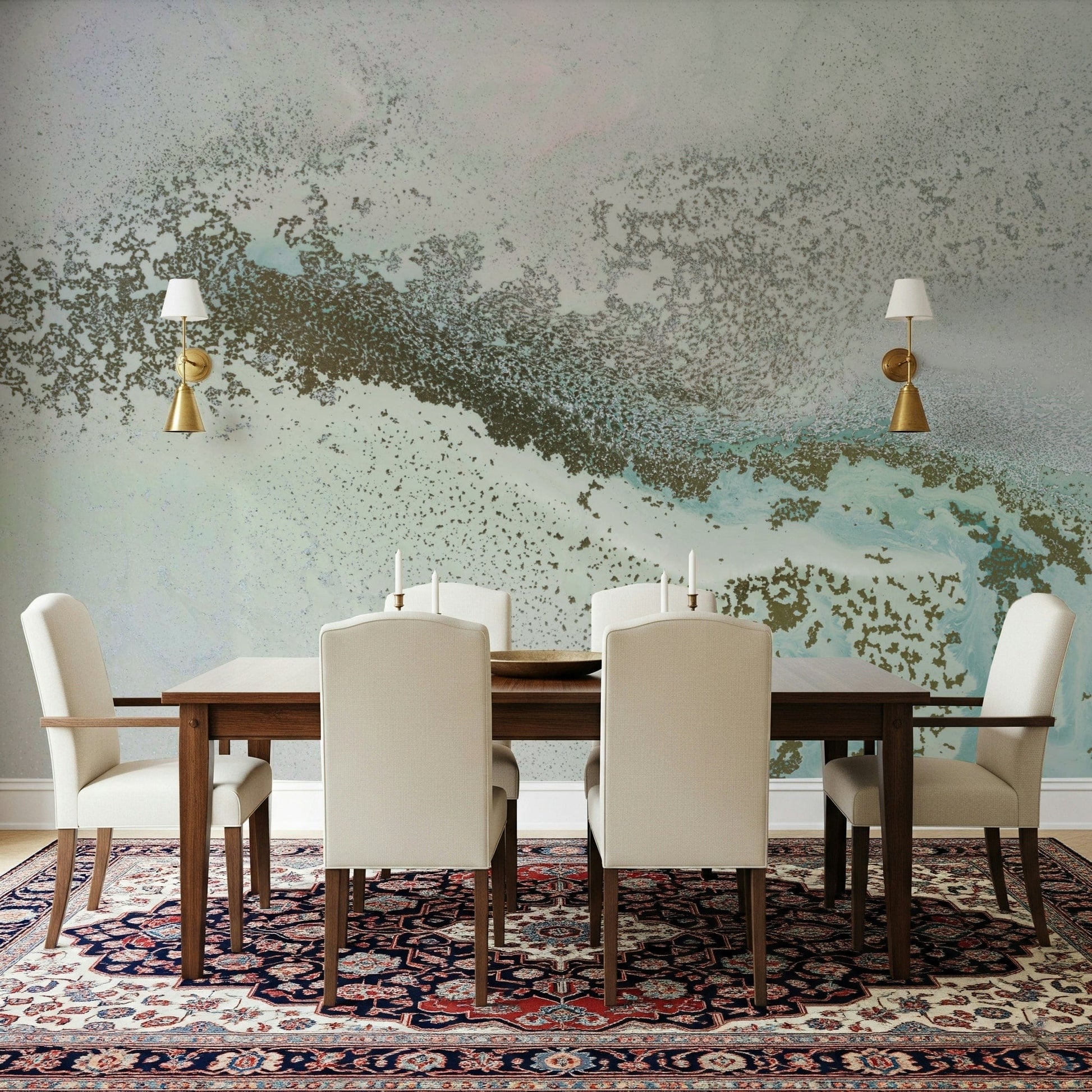 A peaceful modern abstract mural on decorative wallpaper.