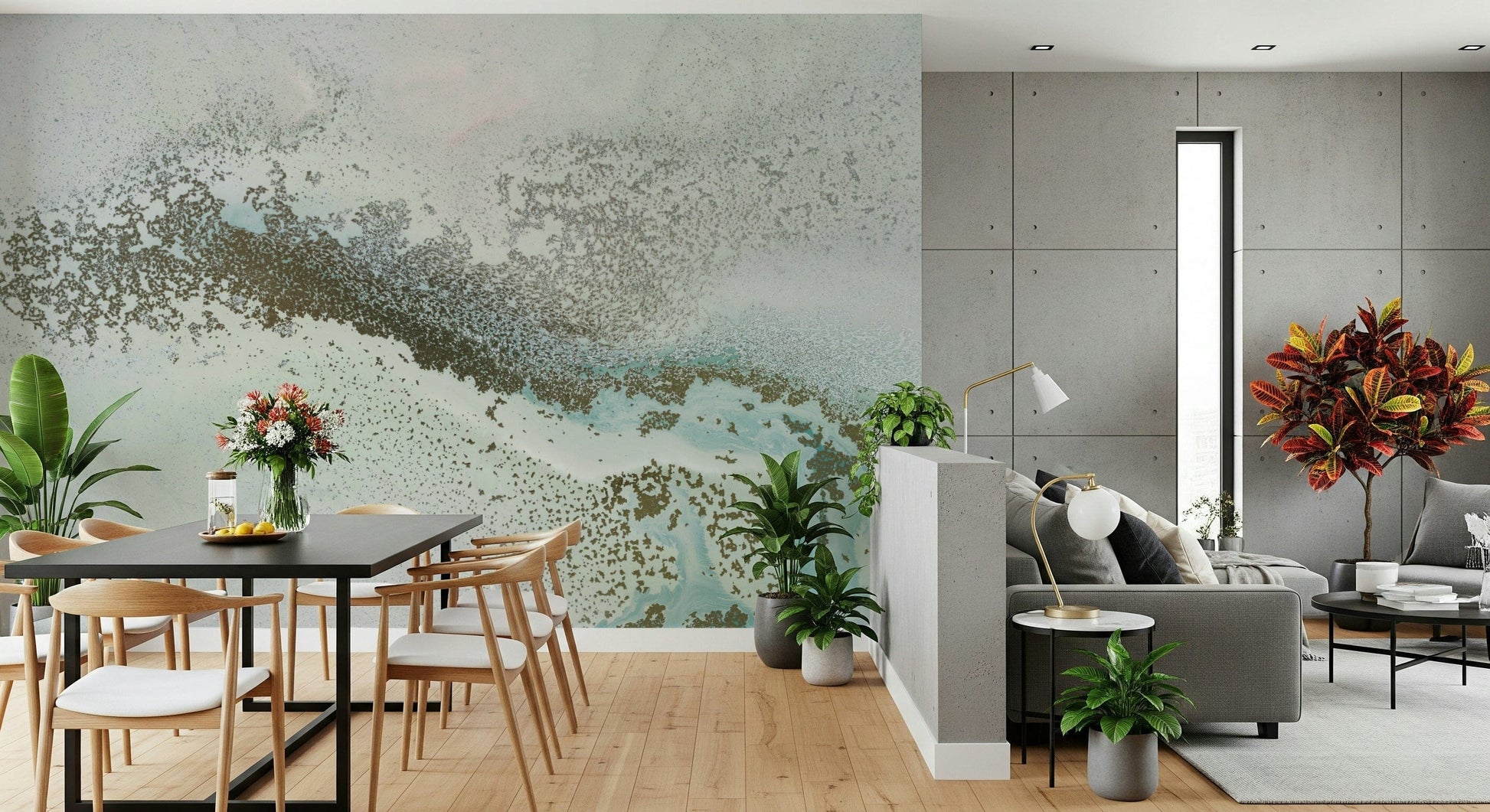 An artistic soft focus mural on minimalist wallpaper.