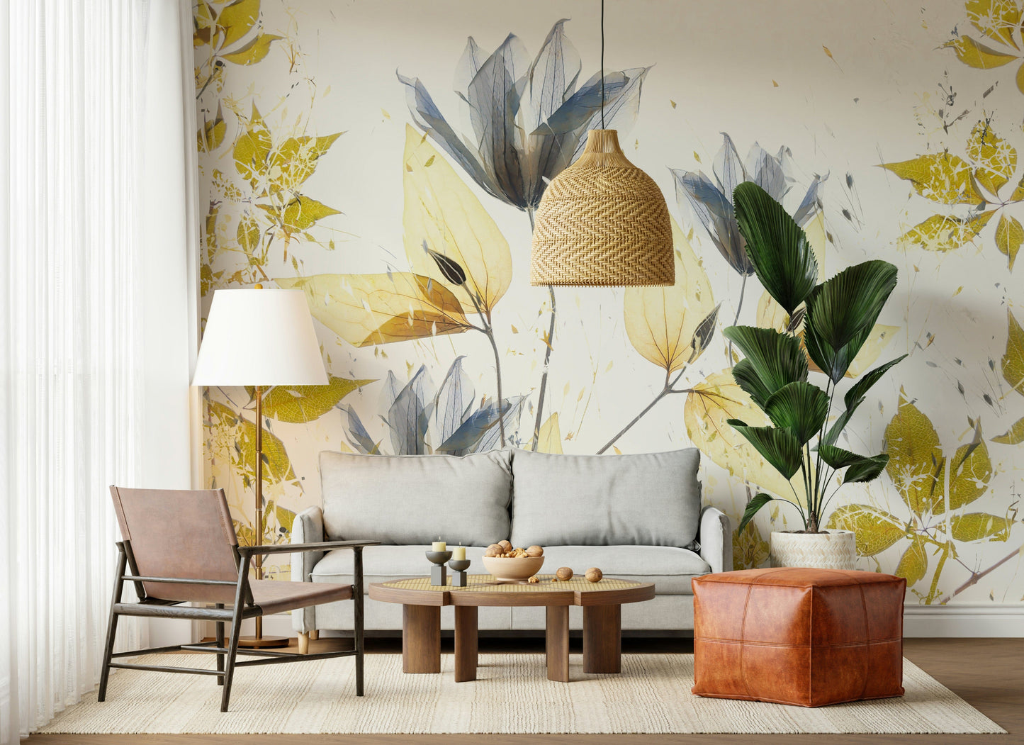 An artistic delicate floral mural on minimalist wallpaper.

