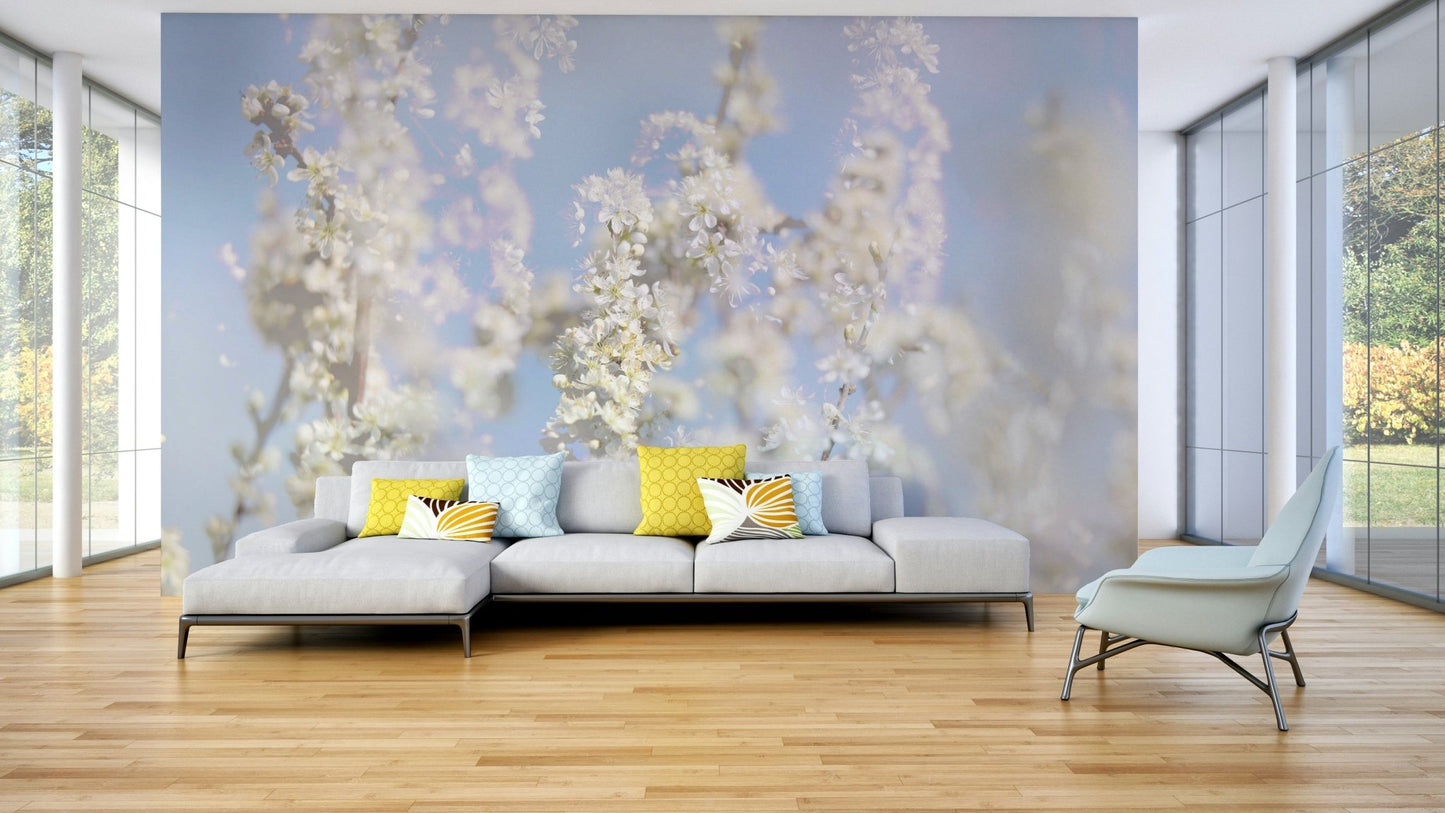 Ethereal Blossom Photography - Soft White Floral Art Print Against Blue Sky Wall Mural