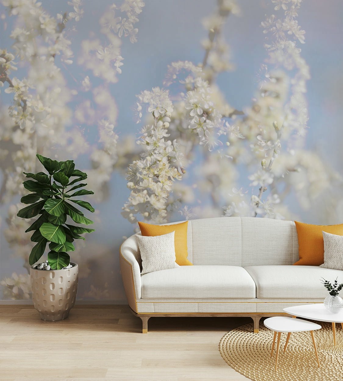 Ethereal Blossom Photography - Soft White Floral Art Print Against Blue Sky Wall Mural
