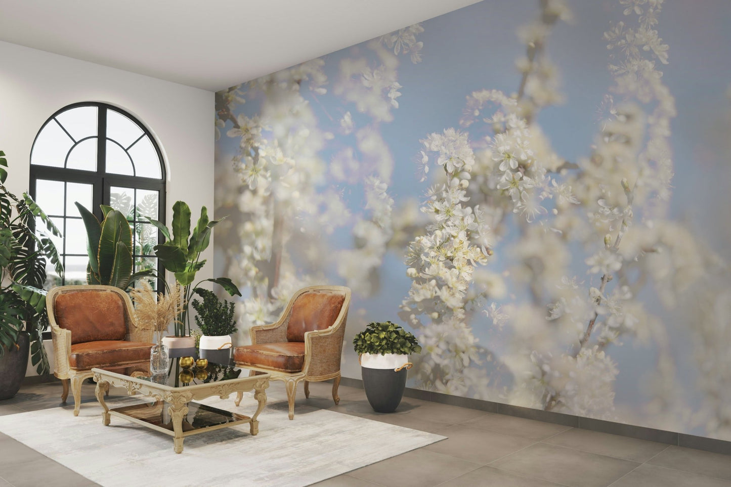 Ethereal Blossom Photography - Soft White Floral Art Print Against Blue Sky Wall Mural