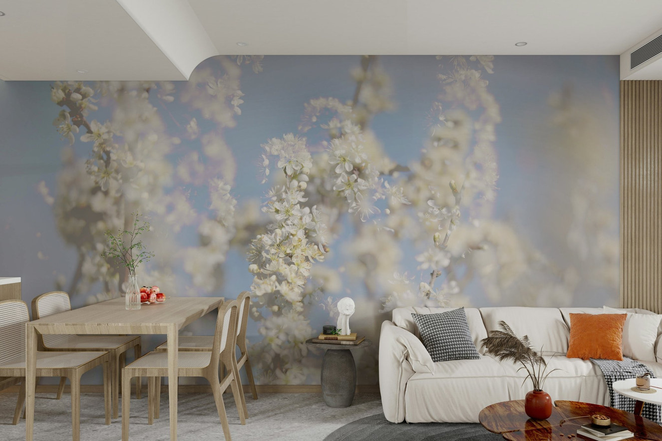 Ethereal Blossom Photography - Soft White Floral Art Print Against Blue Sky Wall Mural
