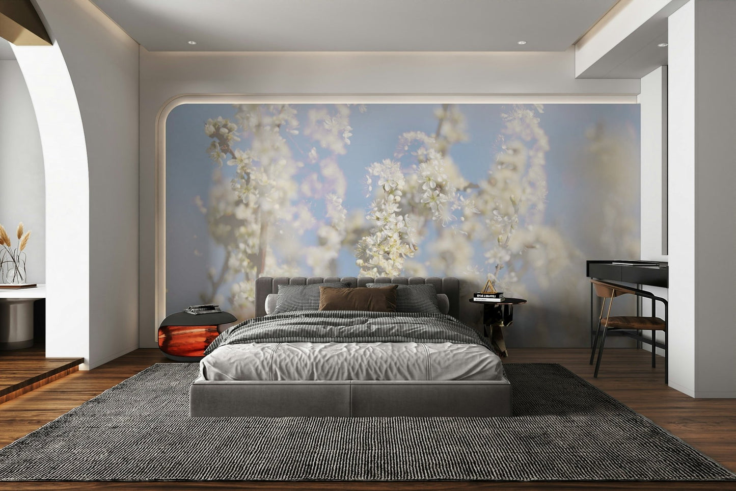 Ethereal Blossom Photography - Soft White Floral Art Print Against Blue Sky Wall Mural