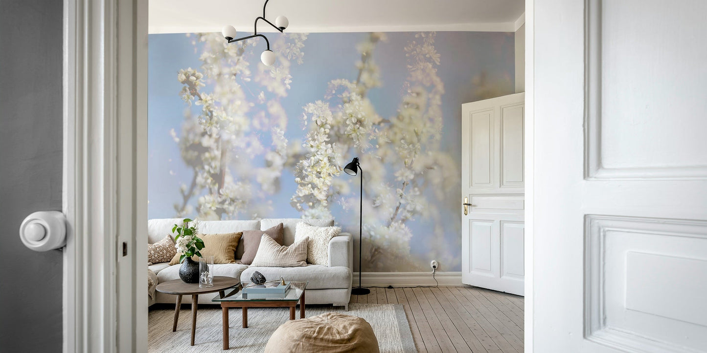 Ethereal Blossom Photography - Soft White Floral Art Print Against Blue Sky Wall Mural