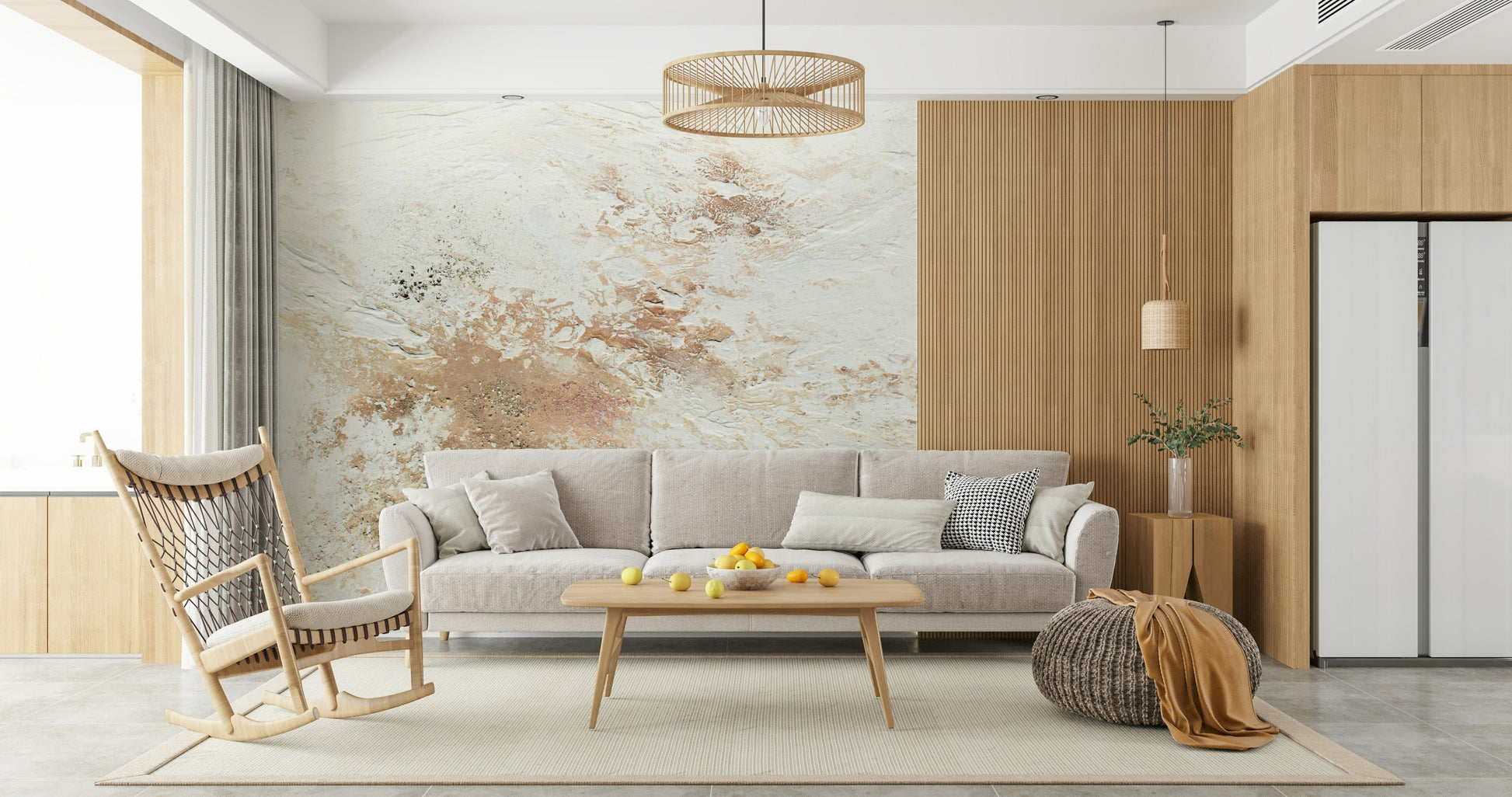 Decorative wall mural with painterly, ethereal effects to create a serene and timeless interior atmosphere.