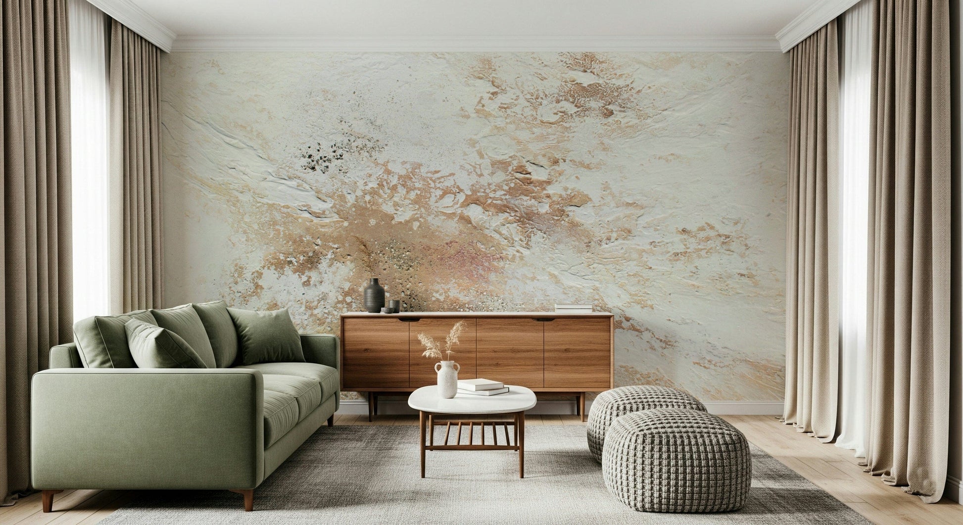 Ethereal Canvas Wall Mural combining muted tones and flowing textures for modern, minimalist accent walls.