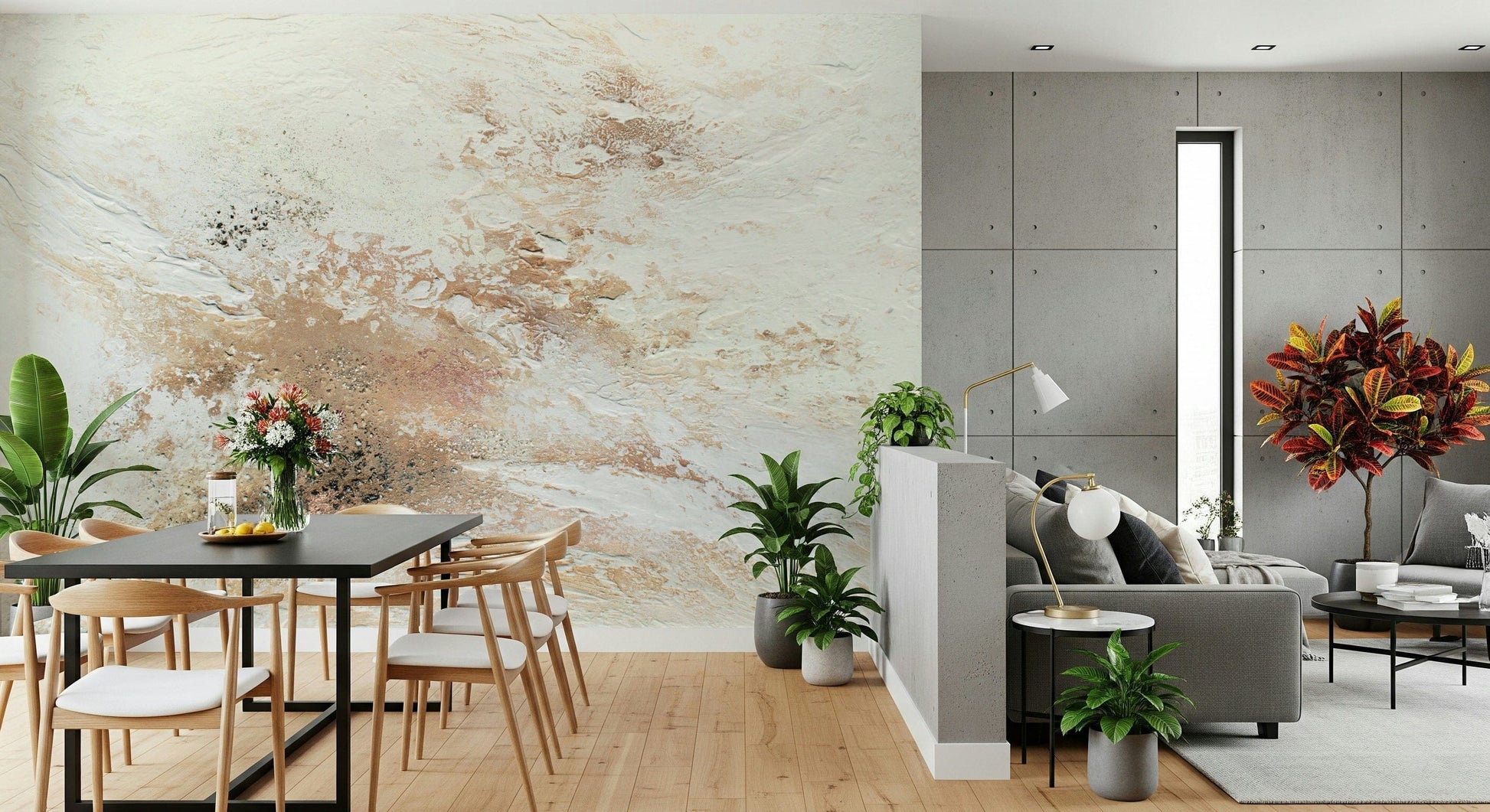 Canvas-inspired wallpaper mural with soft layered textures creating a peaceful and elegant ambiance.