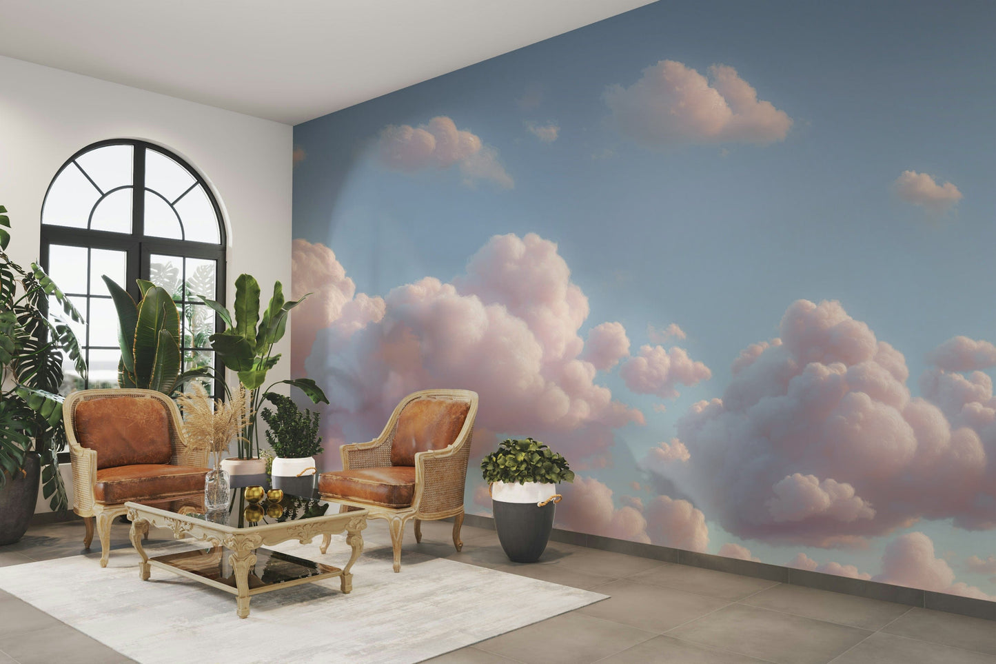 A graceful subtle cloud wall mural in dreamy tones.

