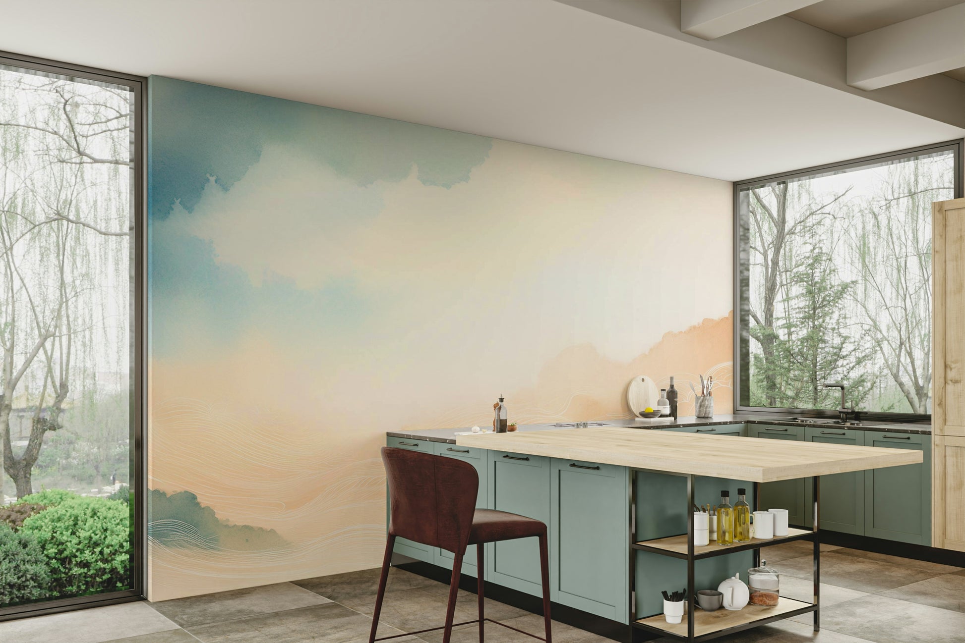 Modern kitchen area with a nature-inspired wall mural.